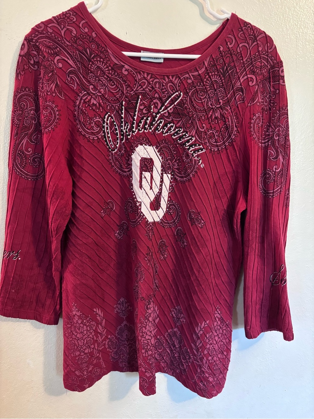Women's Crimson Long-Sleeve Embellished Paisley OU Tee